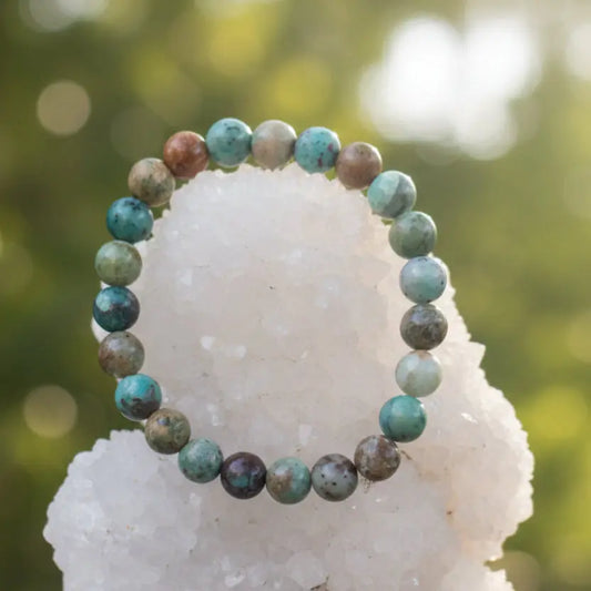 Chrysocolla Quartz gemstone bracelet with natural blue-green quartz beads, handcrafted healing crystal jewellery for calmness, emotional balance and positive energy