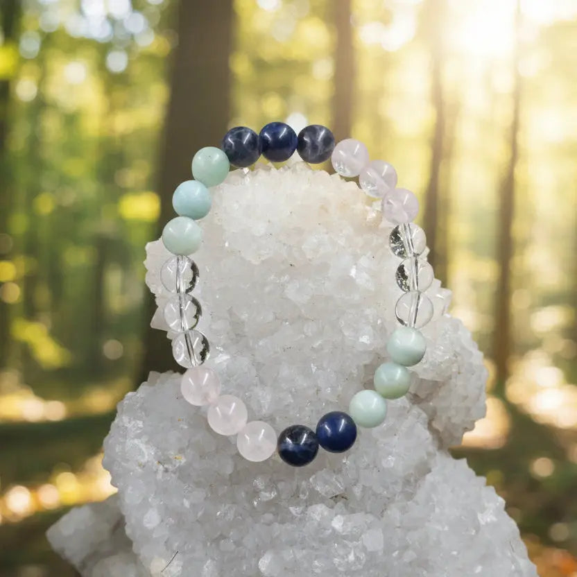 Communication and harmony fusion bracelet with amazonite sodalite clear quartz and rose quartz gemstones
