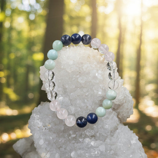 Communication and harmony fusion bracelet with amazonite sodalite clear quartz and rose quartz gemstones
