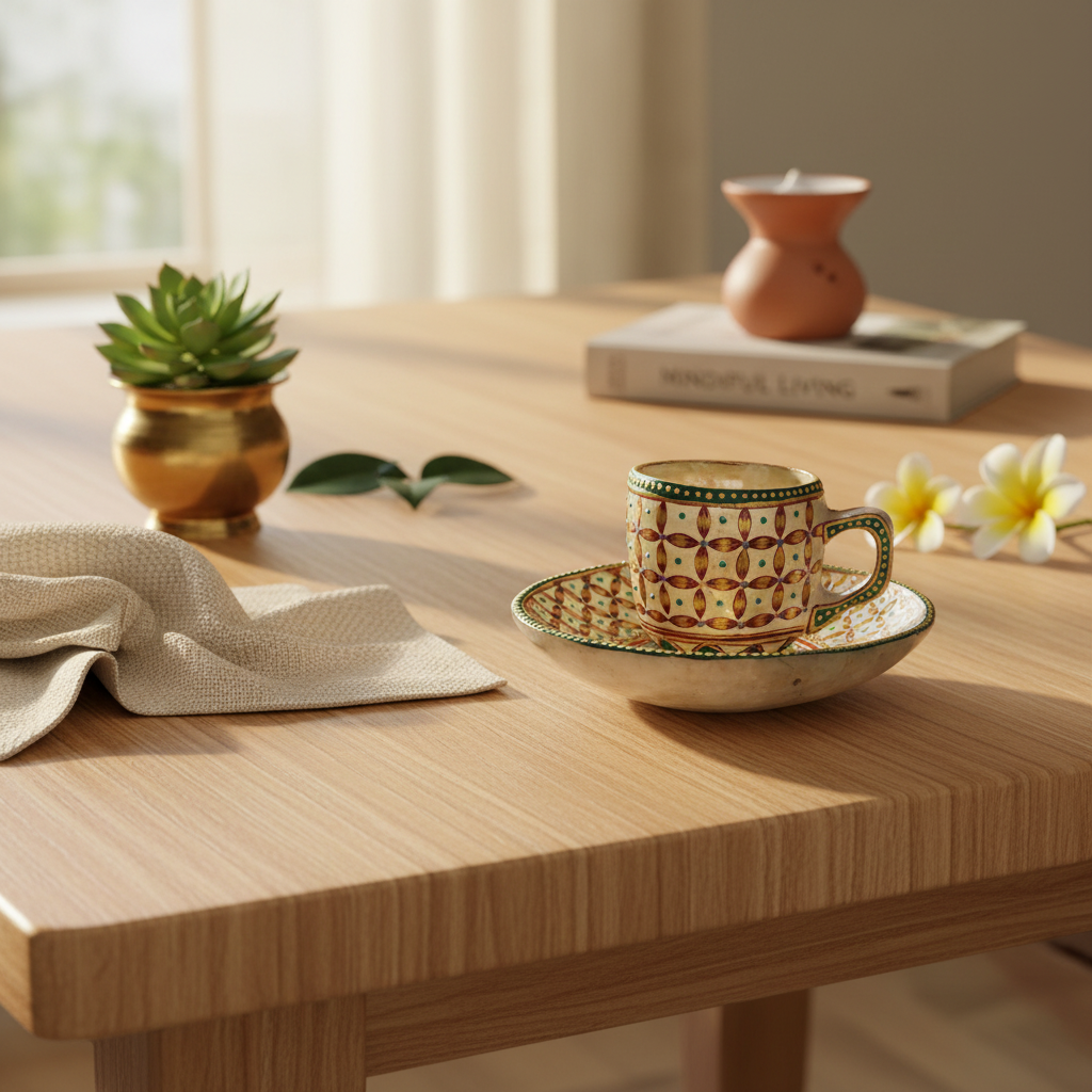 Spatik rock crystal cup and saucer on dining table for conscious living
