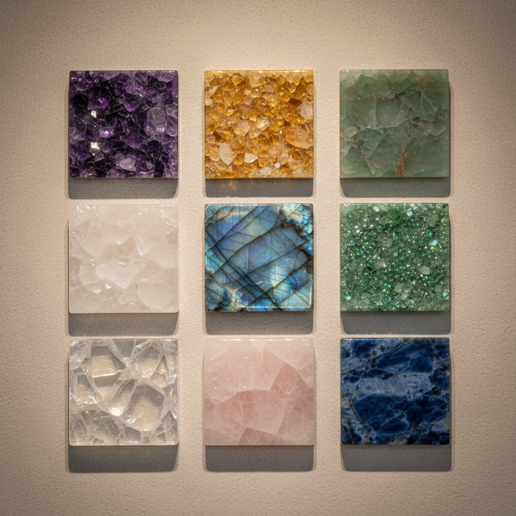 gemstone tiles placed in a wall , with only 9 tiles places , 4x4 inch size of each tile , amethsyt ,  citrine , green aventurine , quartz , spectrolite , aventurine , rock crstyal , rose quatz , sodalite , arranged in 3 in a row , so 3 by 3 , the overall image must be in a square format, and give it a lighting and make it look asthetic 