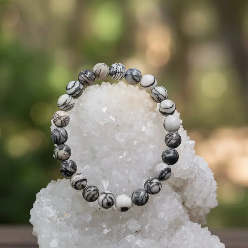 Natural Zebra Jasper gemstone with black and white stripes for balance and grounding
