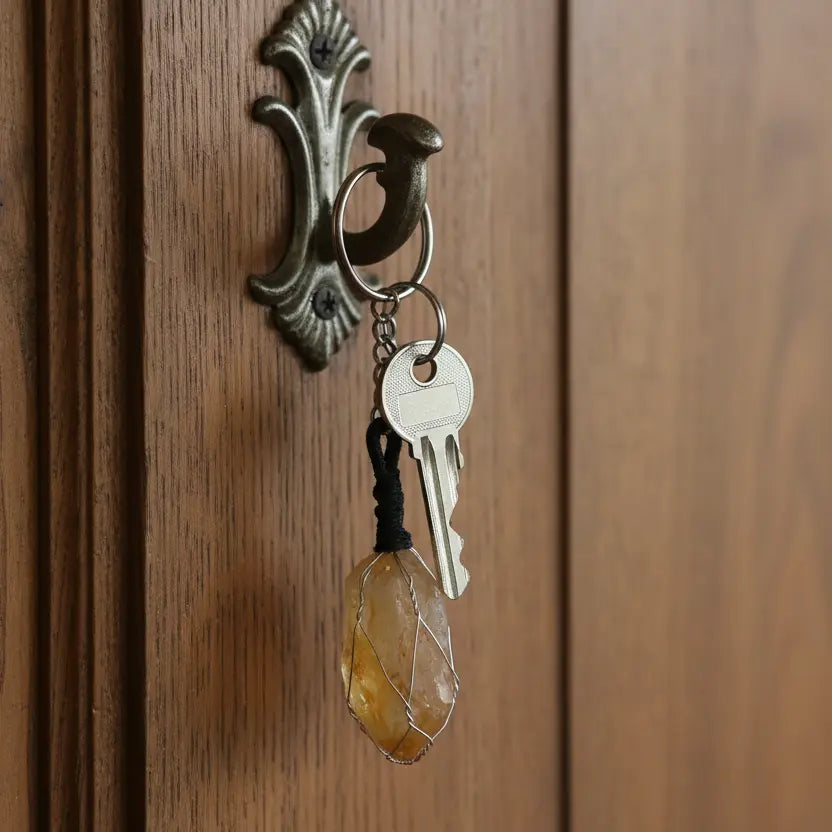 Natural raw citrine crystal keychain with golden yellow stone for abundance and positivity
