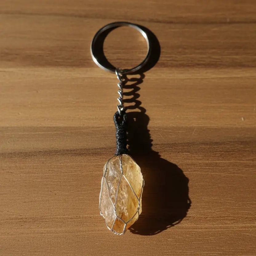Raw citrine stone keychain with natural yellow crystal texture for wealth and positive energy
