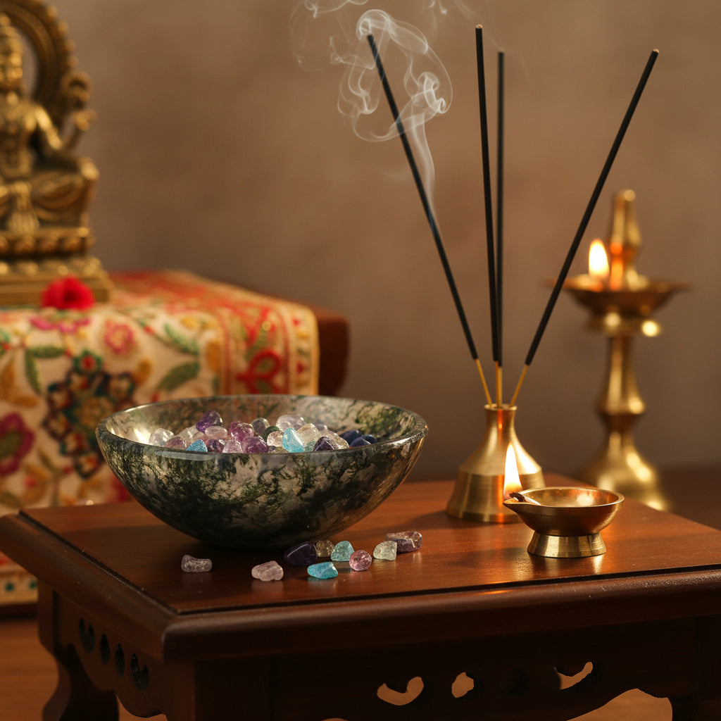 Moss agate stone bowl used for keeping crystals spiritual items and sacred décor
