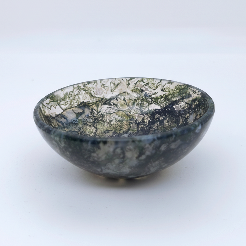 Natural moss agate energy bowl for pooja crystal storage and healing
