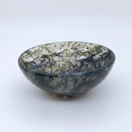 Natural moss agate energy bowl for pooja crystal storage and healing
