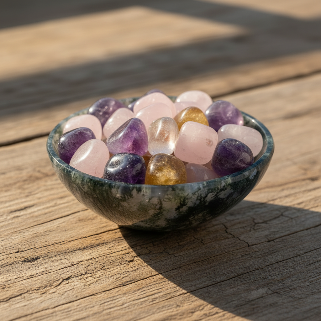 Polished natural moss agate bowl with green inclusions for vastu and meditation use
