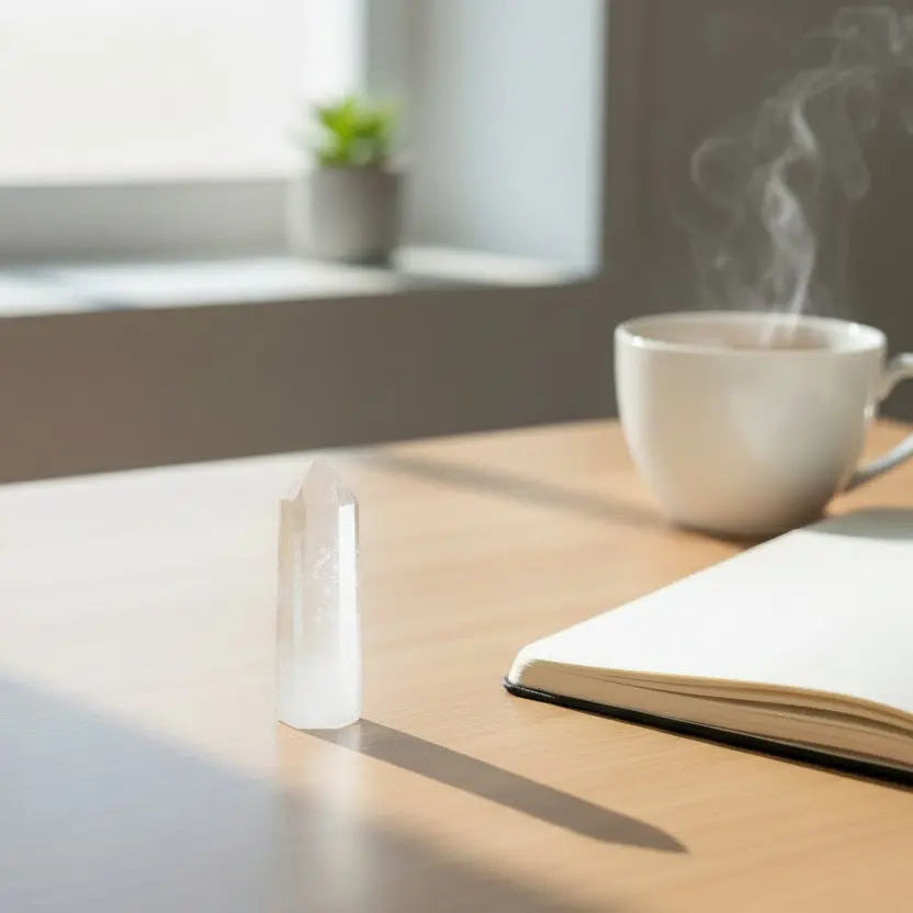 Rock crystal clear quartz pencil beside an open notebook and cup of tea, bright natural window light, calm productive environment, ultra realistic, modern lifestyle product photography, 4k quality
